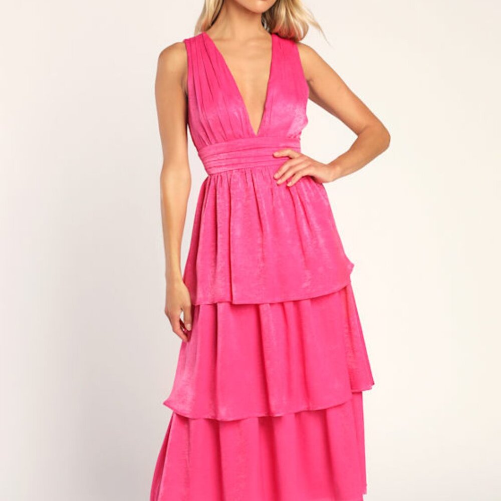 Lulus Peak Party Vibe Hot Pink Satin Tiered Tie-back Midi Dress - Size XS